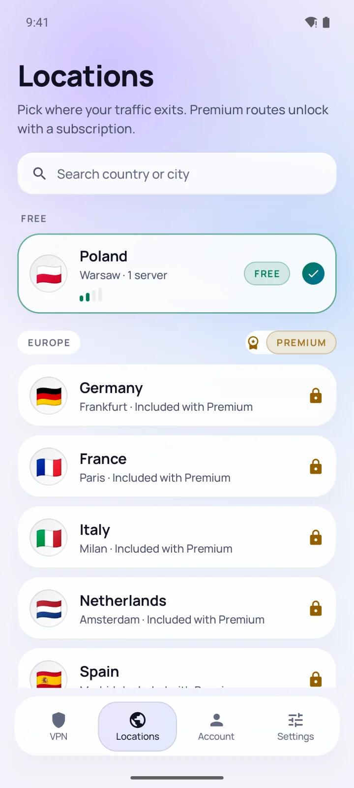 Locations screen: free location in Poland and premium locations in Europe