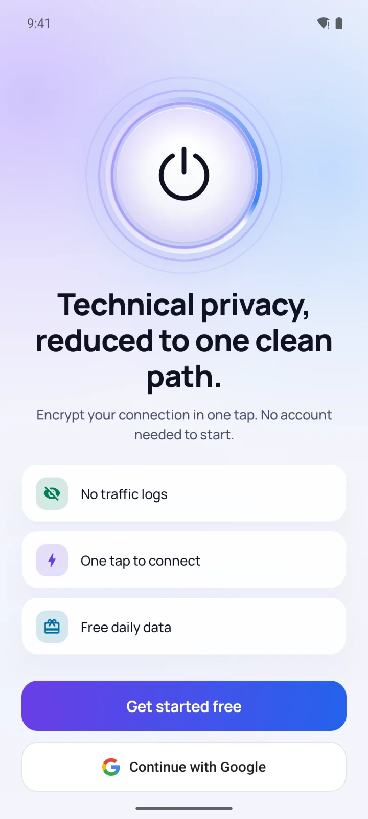 Welcome screen: start free without an account