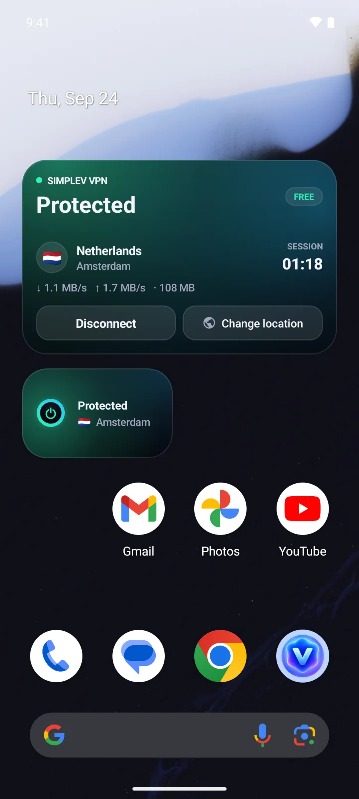 Android home screen widgets showing a protected connection